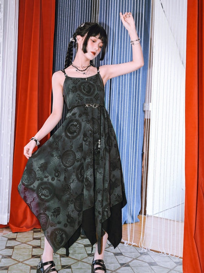 Gothic Black Asymmetric Hem Cami Dress with Dark Chinese Print - Quirky Hut