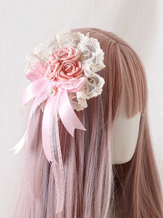 Bowknot Bead Sweet with Charm Lace Floral Lolita Hairclips