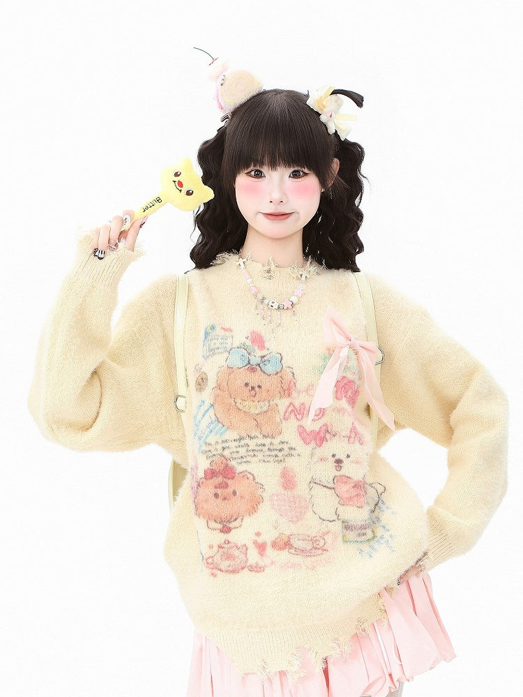 and Sweater - Hem Kawaii Apricot/Green Distressed Daily Neckline