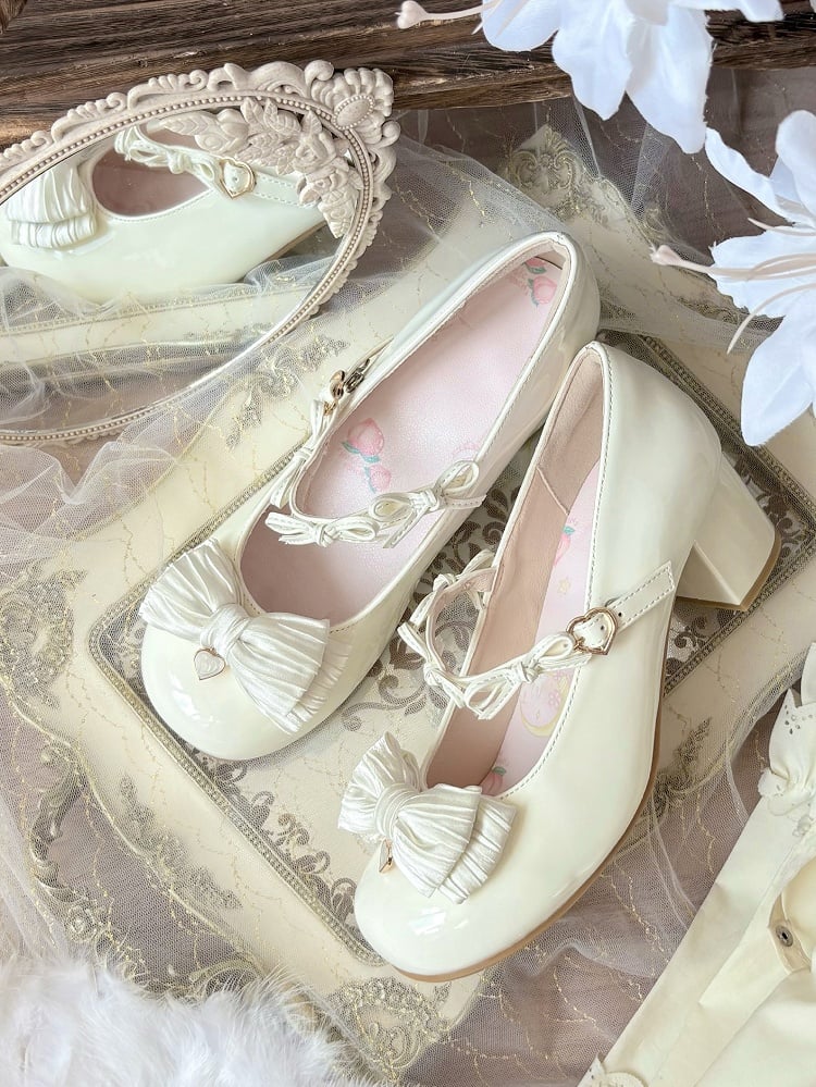 Toe Round Heart Bow Heels White with Details Accents Sweet Mid/Low Lolita
