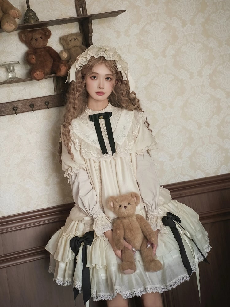 Schleifen Beige Fashion Kordelzug Lolita Kleid Schwarz mit Design Vielseitig und Taillengürtel