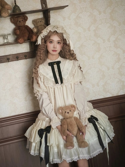 Schleifen Beige Fashion Kordelzug Lolita Kleid Schwarz mit Design Vielseitig und Taillengürtel