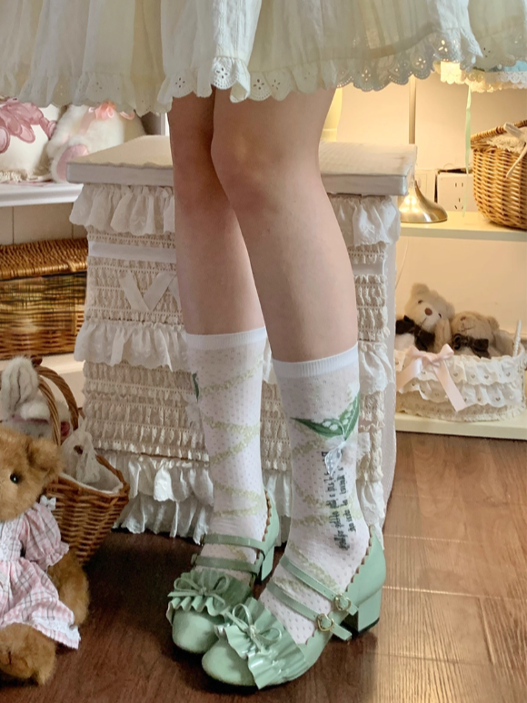 Of Pattern Lily And White/Green Bowknot Valley Calf The Socks Lace