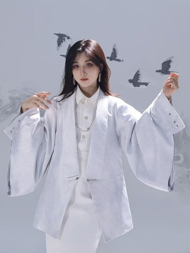 Han-inspired Detail Cuffs Single Functional - V-neck Unisex Blazer Silver Snap Slit Back