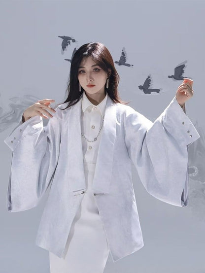 Han-inspired Detail Cuffs Single Functional - V-neck Unisex Blazer Silver Snap Slit Back