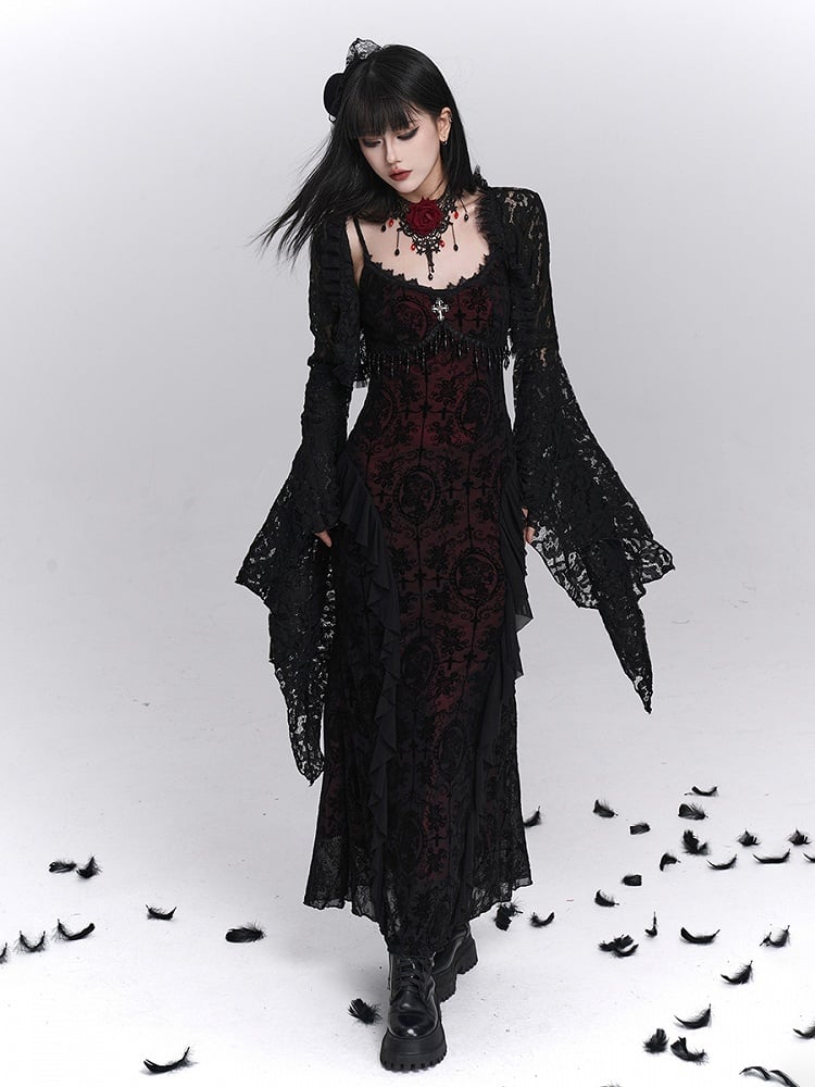 Dress Cross Halloween Slip Black with Fringe Embroidery Mermaid Detail Gothic