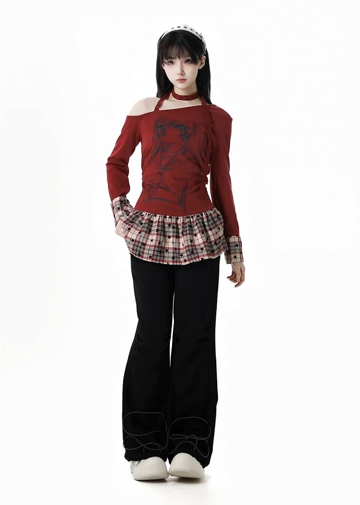 Asymmetrical Neckline Anime Girl Print Plaid Patchwork White/Red Design Top
