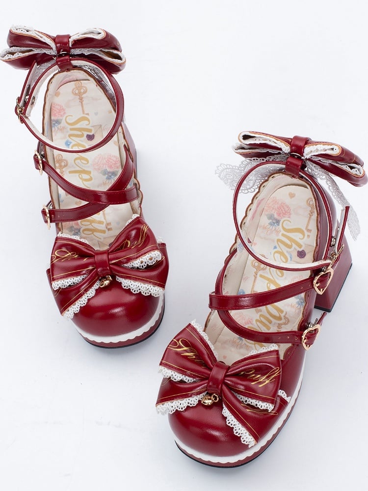 at Crisscross Design Red Block High Detachable Heels Heart Top Bow Buckles