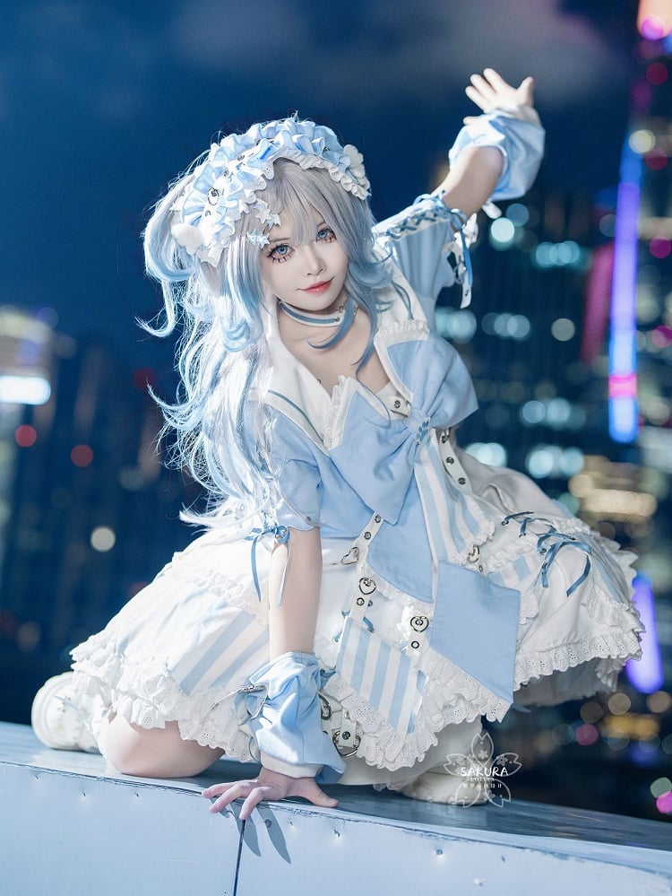 Kitty Light Bow Kaiwai Set Blaues JSK-Kleid Kurz geschnittenes Tenshi Lolita Sailor Striped Big Top Muster Ohren + - Kragen