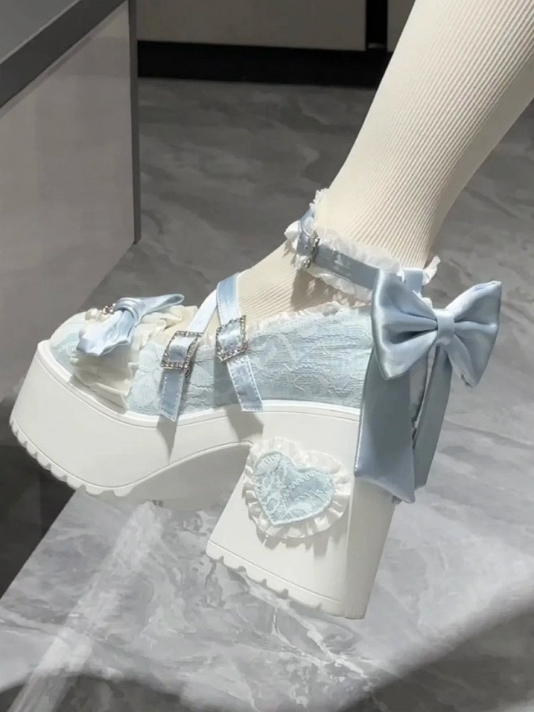 High Block Fastener Ornate Heels Crystal Baby Blue Lolita Sweet -