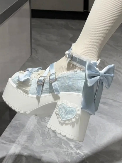 High Block Fastener Ornate Heels Crystal Baby Blue Lolita Sweet -