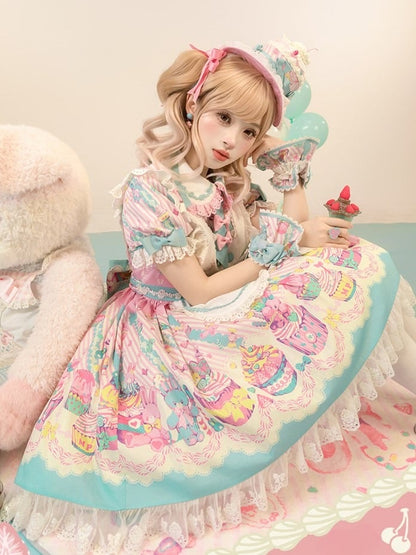 Bunny Collar Dress Pan Lolita Maid Blue Print Cupcake Peter and Pink