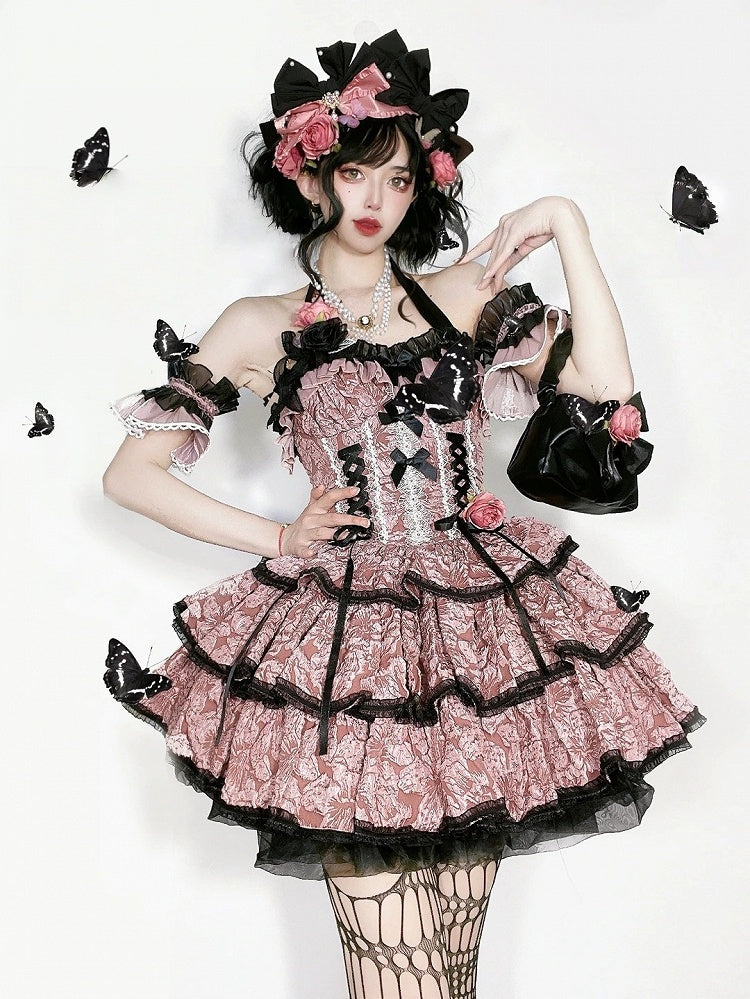 Lolita JSK with and Pink Texture Floral Dark Dress Black Skirt Multi-Layered