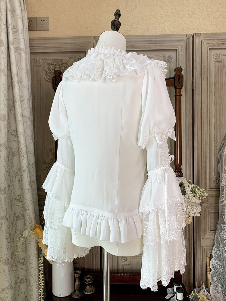 Ruffle Bell White Adorned Neckline Sleeves Bowknots Blouse