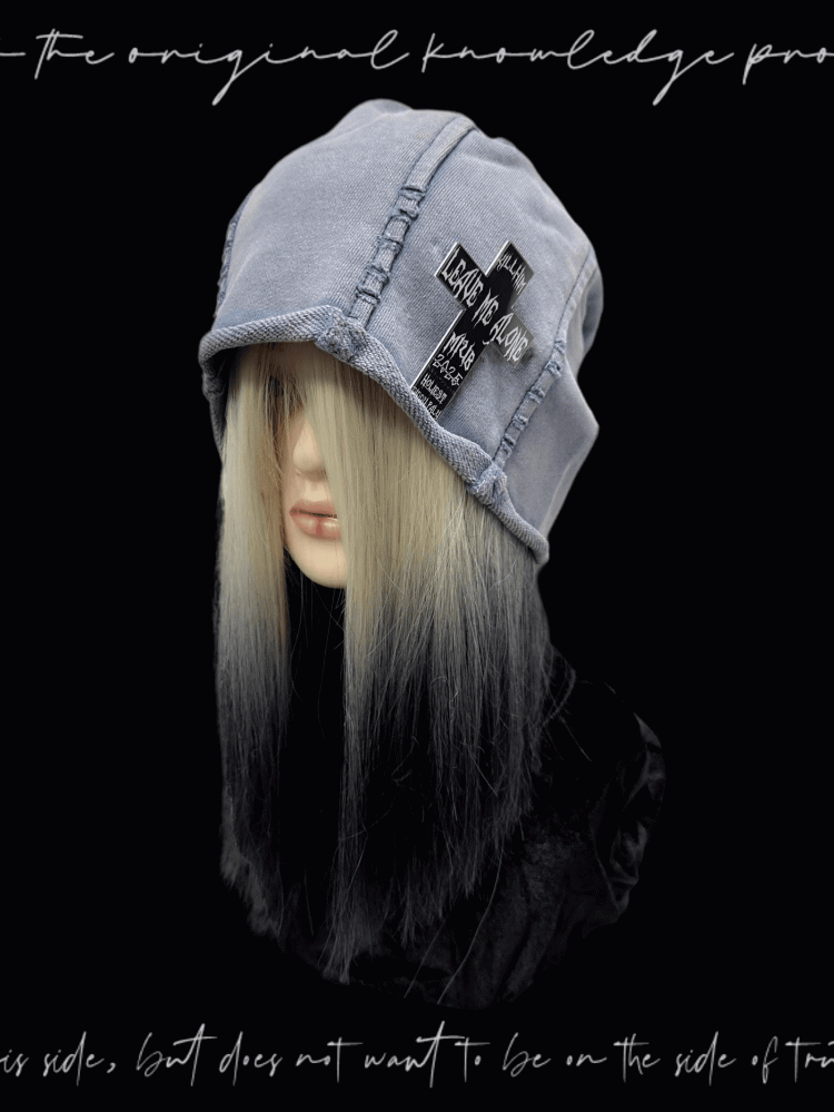 Y2K Rolled Hem Hat Rock Accent Punk Cross Black/Blue