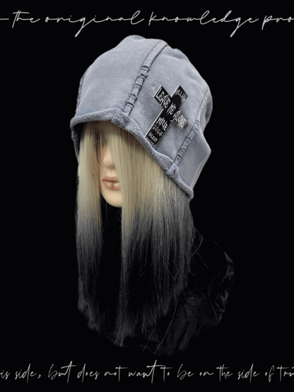 Y2K Rolled Hem Hat Rock Accent Punk Cross Black/Blue