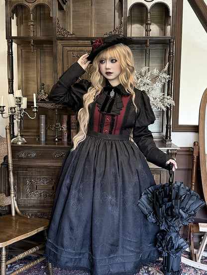 Lolita and Gothic with Lace Pattern Dress Spider Web Trim Black Juliette Sleeves