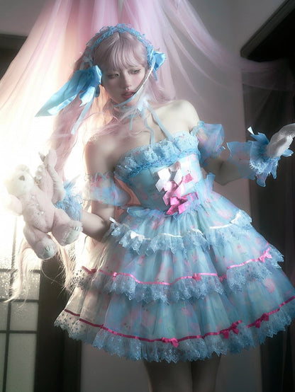 Cute Bunny Satin Bows Decorated Tiered Skirt Blue Boning Dress