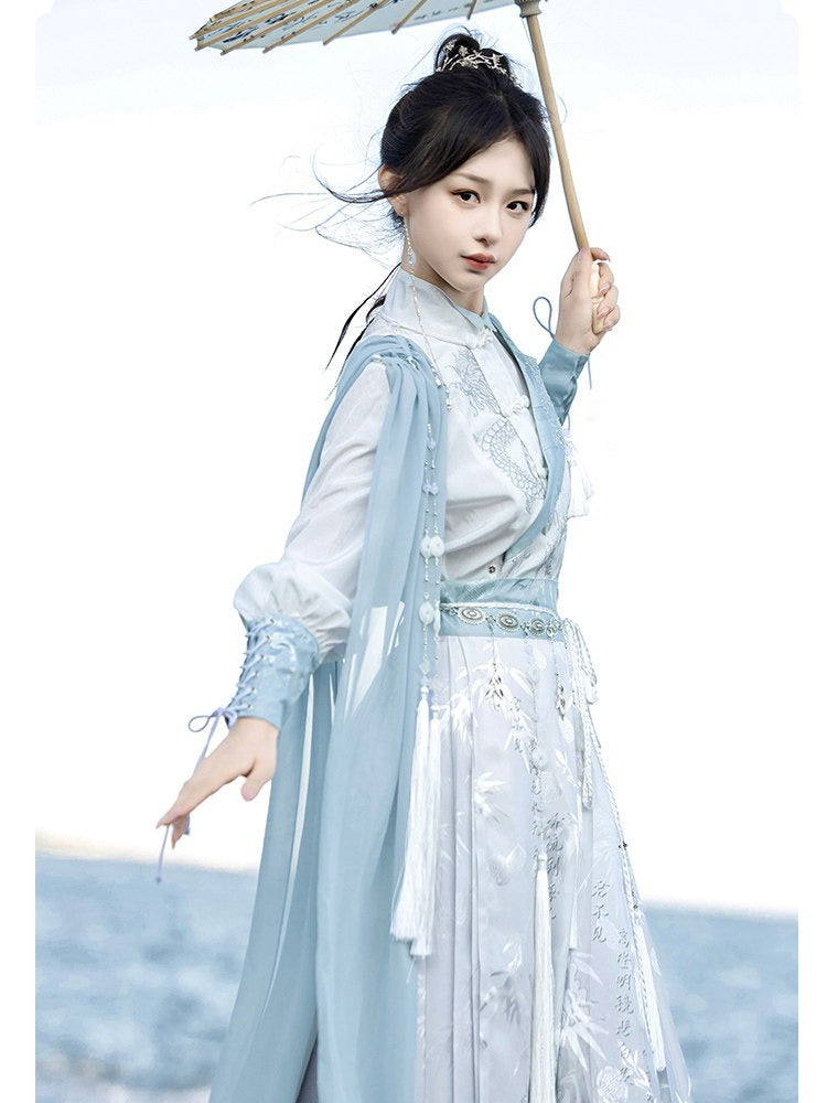 Asymmetrical Neckline Shirt with One-Side Draped Shawl Chinese Style - Han Ru Chu Hanfu &amp; Han-Element Studi