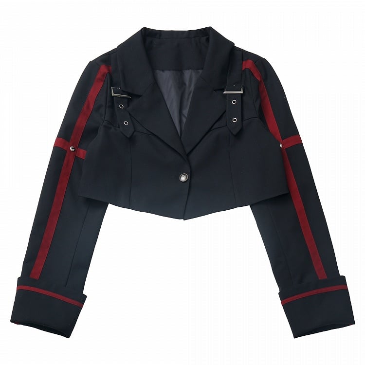 Cropped Buckle Straps Black Brazer Collar Notched