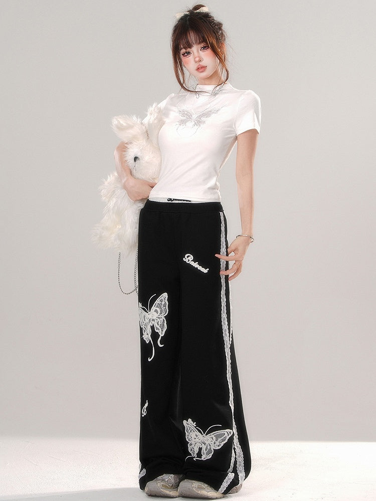 ブラック/ホワイト バタフライ モックネック Tシャツ 背中にレースパッチワーク