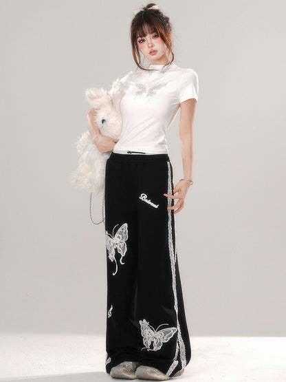ブラック/ホワイト バタフライ モックネック Tシャツ 背中にレースパッチワーク