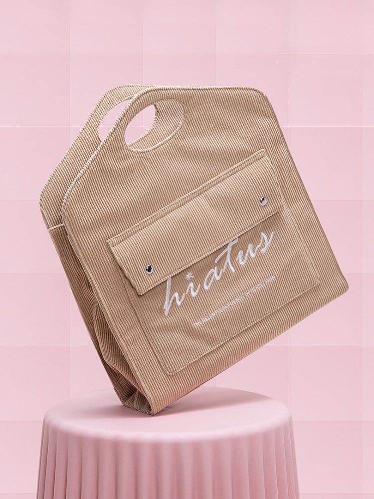  Lightweight With Embroidered Lettering Capacity Brown Corduroy Tote Bag: Large