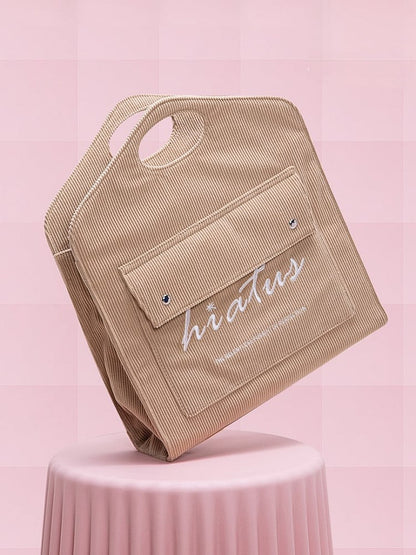  Lightweight With Embroidered Lettering Capacity Brown Corduroy Tote Bag: Large