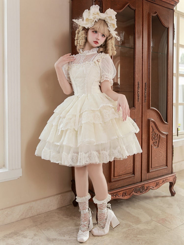 Korsett Stufenkleid Lolita Rock Weiß Creme Prinzessin