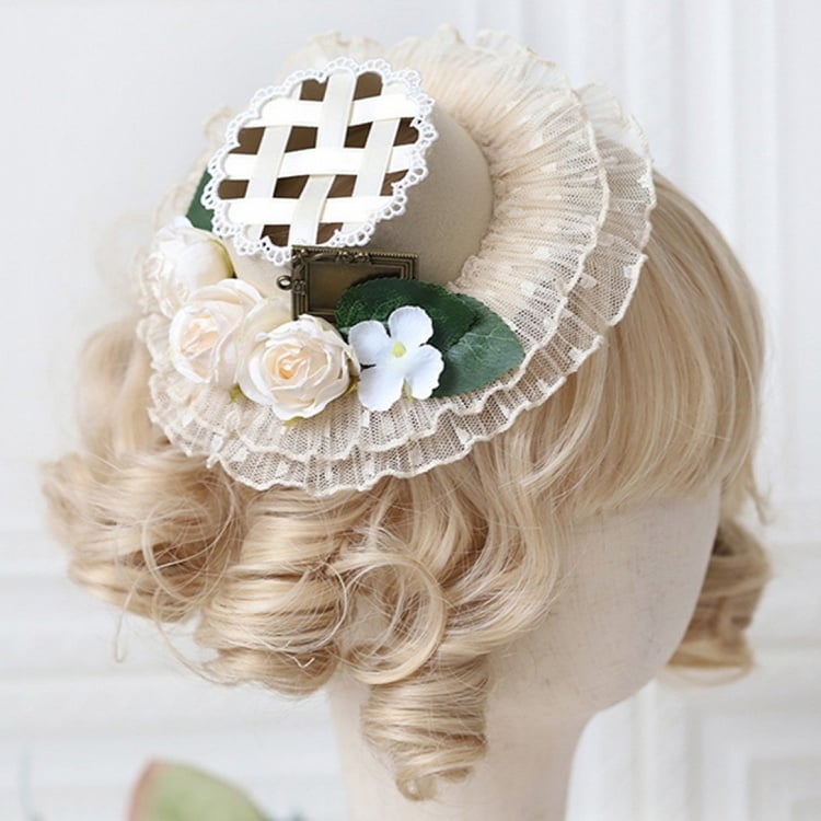 Beige/Black Hat Accents with Flower Lolita Design Mini Woven