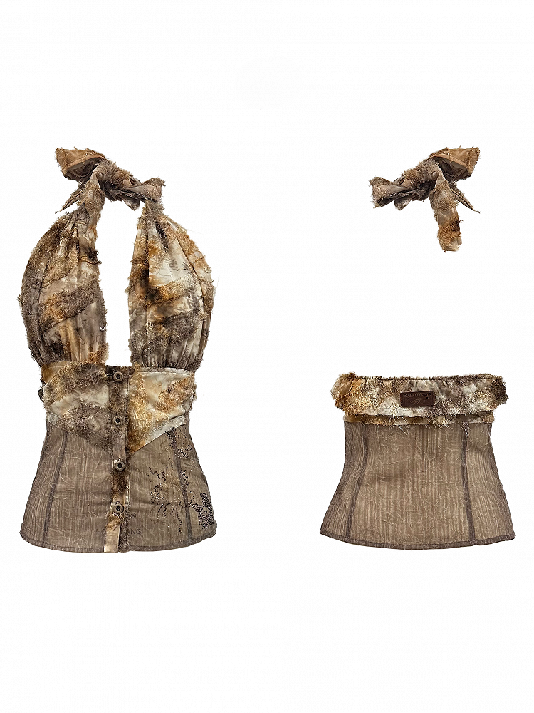 Punk Hem Fleece Button Patchwork with Top Detail Khaki Rhinestone Halter