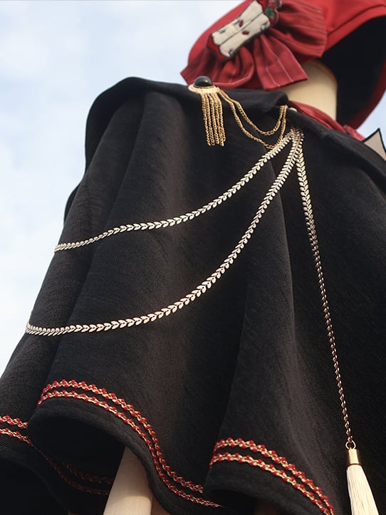 Black and Red Ouji Fashion Preppy Style Full Set-Beige Shirt + Red Waistcoat + High Waist Knickerbockers Shorts + Shawl+ Accessories