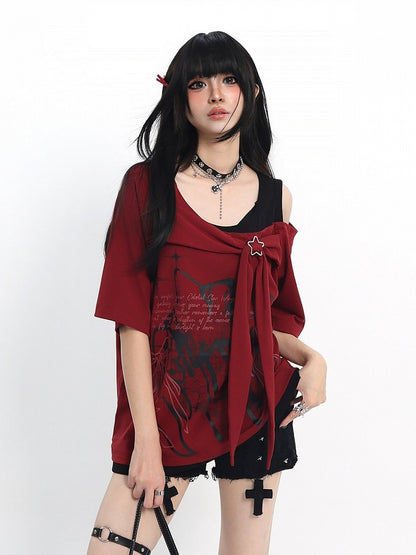 Cutout Shoulder Tee with Bow Print in Red - Catwish
