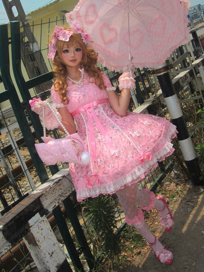Pink Old School Lolita Floral Print OP Dress with Halter Straps - Asuka