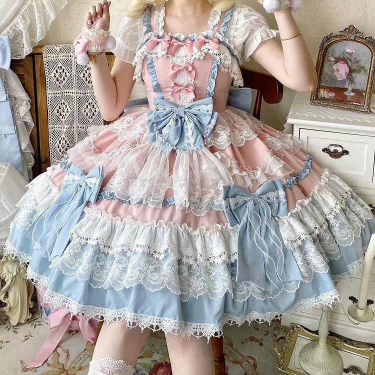Details and Pink Dress Lolita Blue Bead Sweet Princess Bows Detachable