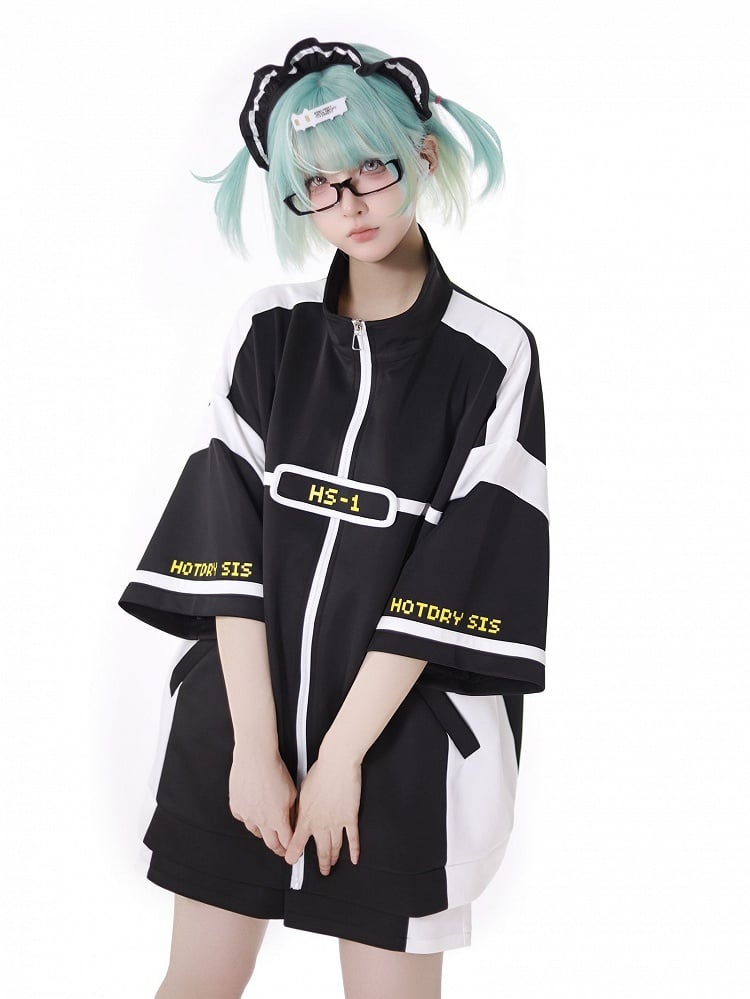 Elbow-Length Sleeves Jirai Kei Zip-up Sweatshirt White Landmine Style Black