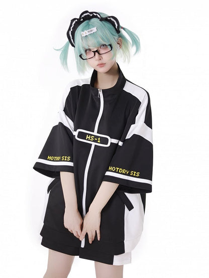 Elbow-Length Sleeves Jirai Kei Zip-up Sweatshirt White Landmine Style Black