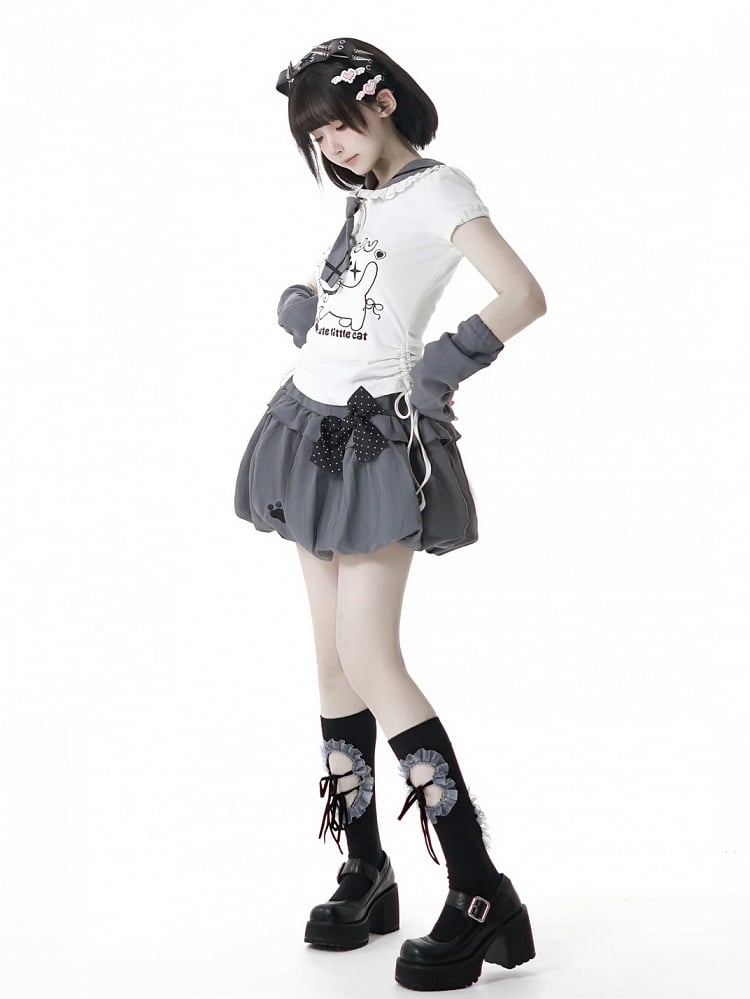 Side Armwear Free Ears with T-shirt Kitty Design Sailor Collar White Drawstring