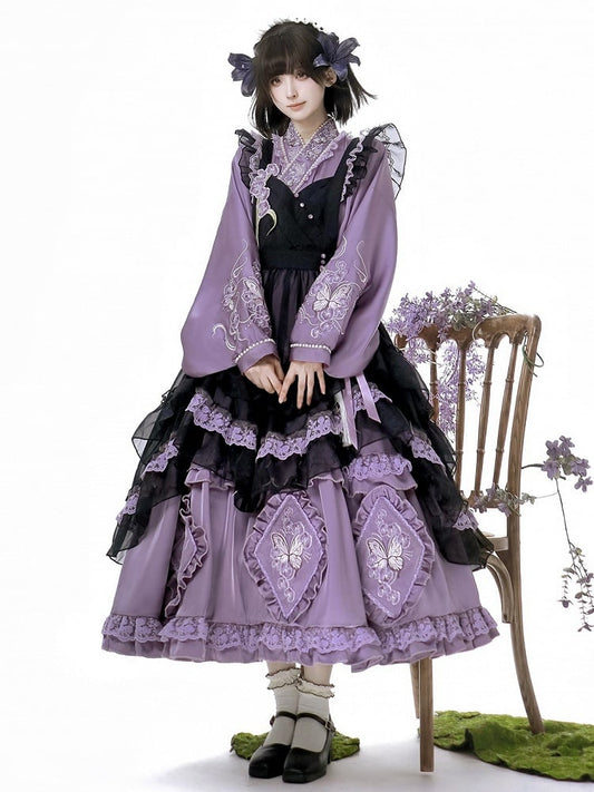 Lilafarbenes Han Lolita-Kleid mit Schmetterlings- und Blumenstickerei und überkreuztem Ausschnitt
