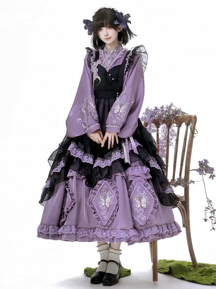 Zarte Schmetterling Schürze Lolita Kleid Schwarz Set Lila Han und Stickerei Voll Floral +