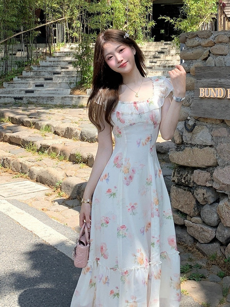 Apricot Summer Vacation Dress with Floral Pattern - Qchiwawameme