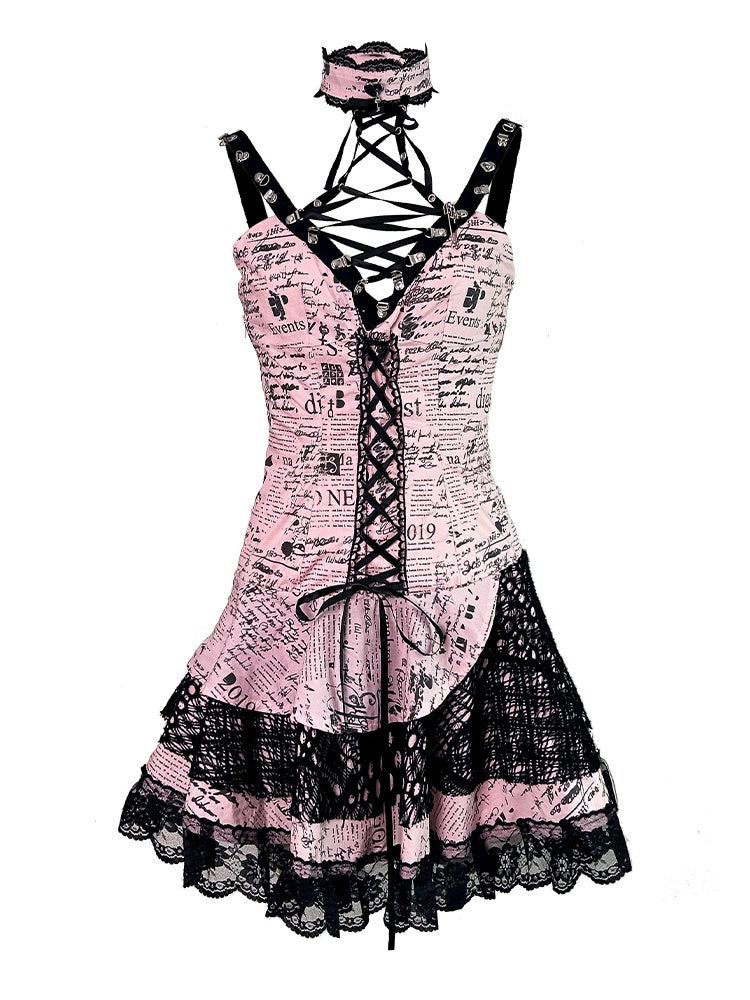 ピンクプリントのノースリーブレーストリムパンクロックドレス