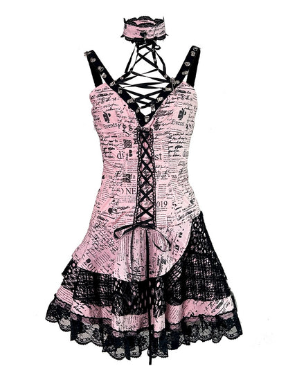 ピンクプリントのノースリーブレーストリムパンクロックドレス