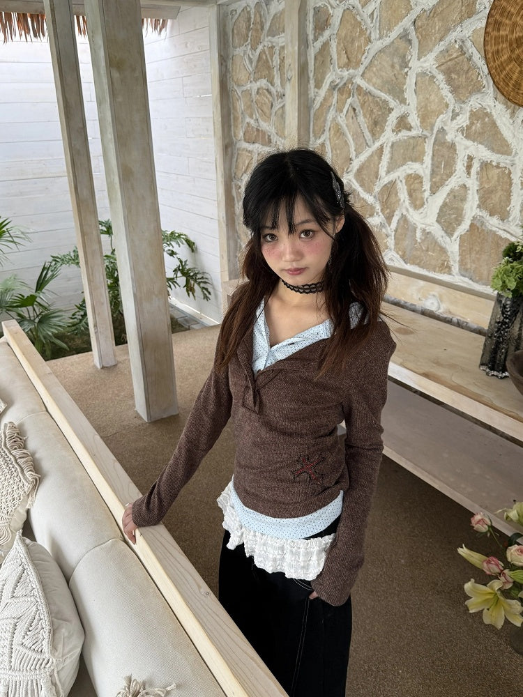 Two-piece Dot Patchwork Sleeve Polka Long T-Shirt Vintage