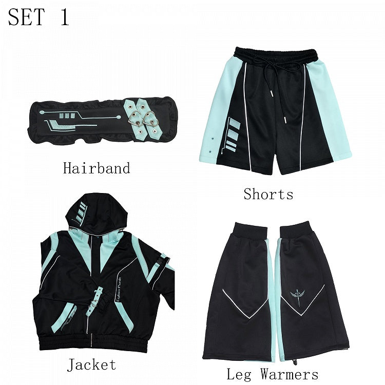Black and Green Cyberpunk Jirai Kei Outfit - Hooded Jacket Shorts Leg Warmers Headpiece Full Set