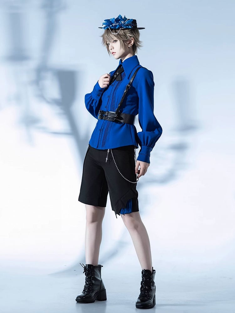 クライン グレー ブルー＆ポイントカラー ロングシャツ プリーツ フォールドオーバー ディテール レース/プリンススリーブ