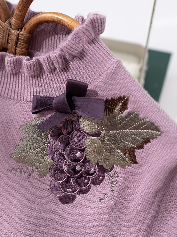Grape Neckline Embroidery Top Knit Autumn Lace-up Purple Cuffs