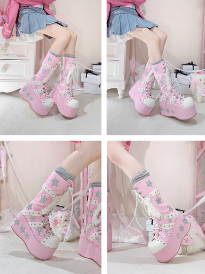 with Star Calf-Length Lace-up Style Appliques Pink Chunky Shining Gyaru Front Platform Boots