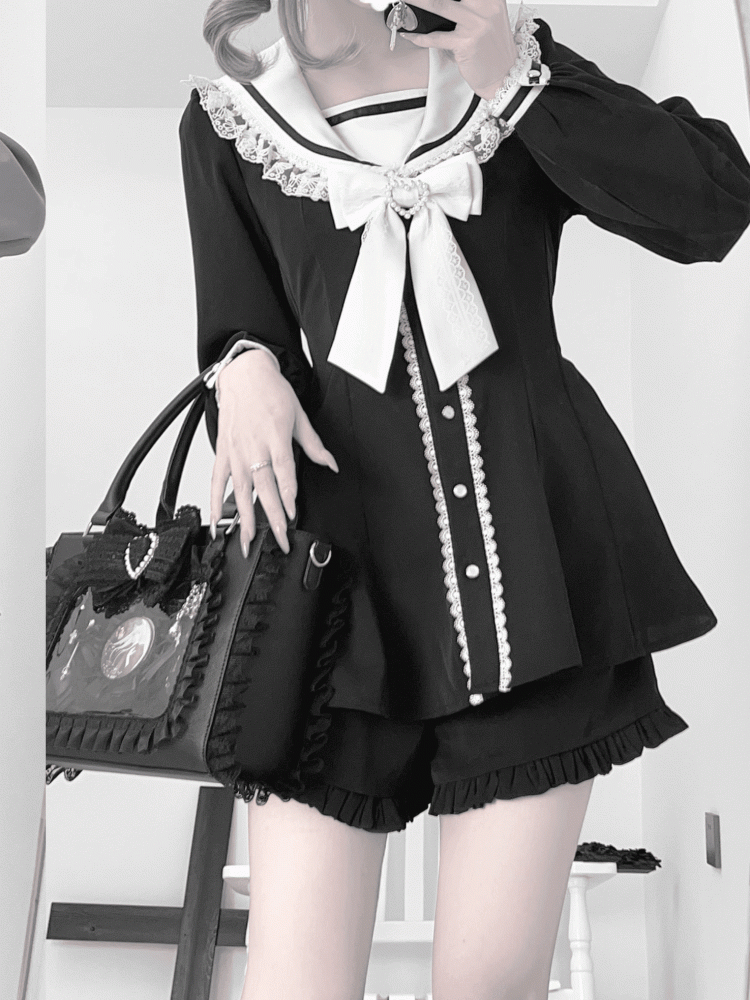 Schwarz-weißes Kei-Minikleid mit Ohrenschleife, Shorts mit Rüschensaum, Jirai und Rückenschnürung, Matrosenkragen, Hasen-Design-Set