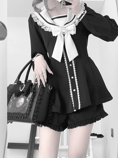 Schwarz-weißes Kei-Minikleid mit Ohrenschleife, Shorts mit Rüschensaum, Jirai und Rückenschnürung, Matrosenkragen, Hasen-Design-Set